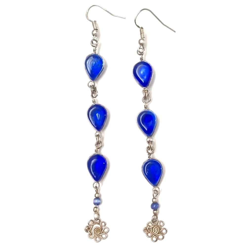 VINTAGE BLUE BUBBLE BEADED SILVER-TONE FILIGREE DROP/DANGLE HOOK 4" EARRINGS
